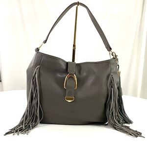 G.I.L.I.—(Got it Love it) gray,leather – shoulder, stirrup hobo bag with fringe